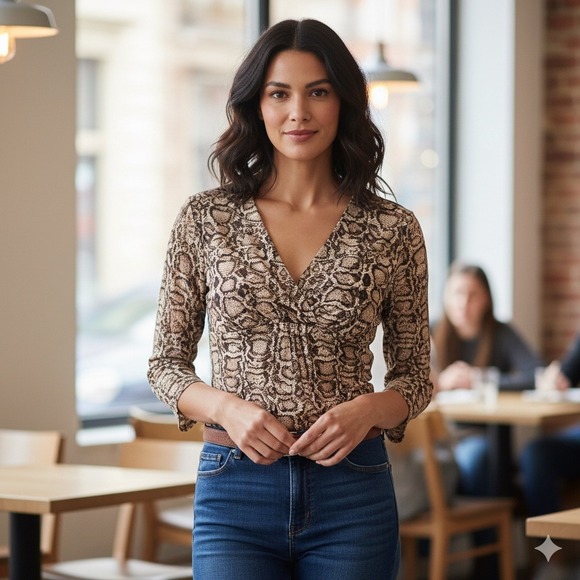 Liz Claiborne Tops - Liz Claiborne Snake Print Blouse Womens Medium Brown V Neck Business Chic